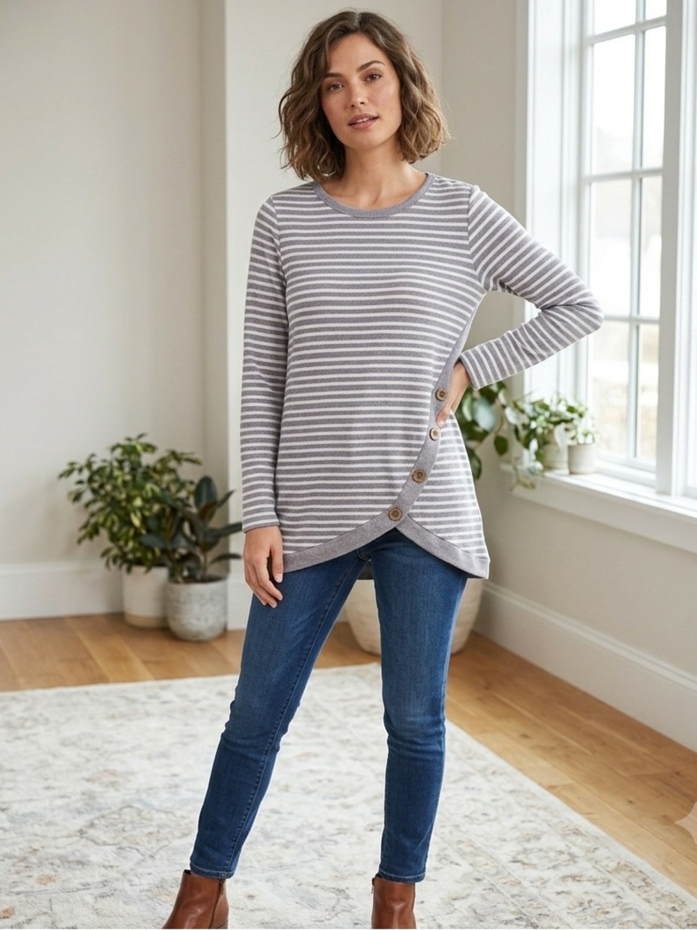 NWT Soft Surroundings Long Sleeve Gray Striped Shirt Size XS. Style #28v40.